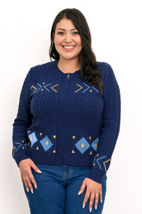 Classic horizontal geometric pattern navy top featuring ribbed cuffs and hem, styled casually with blue jeans.