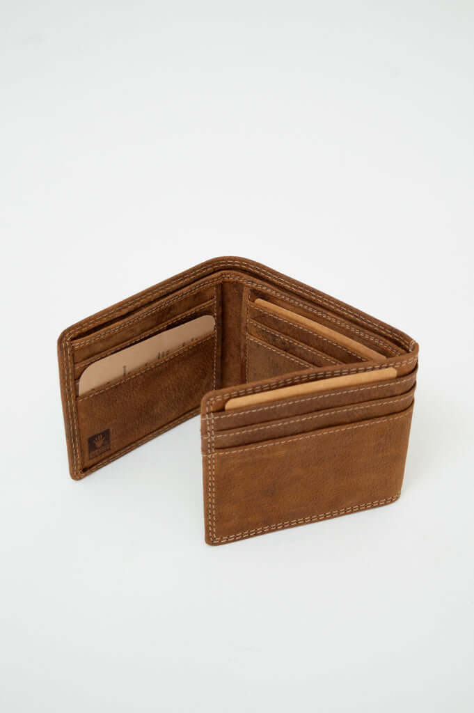 Open brown leather wallet showing card slots and compartments
