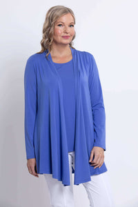 Front close-up of model wearing Opra open front jacket in cobalt blue