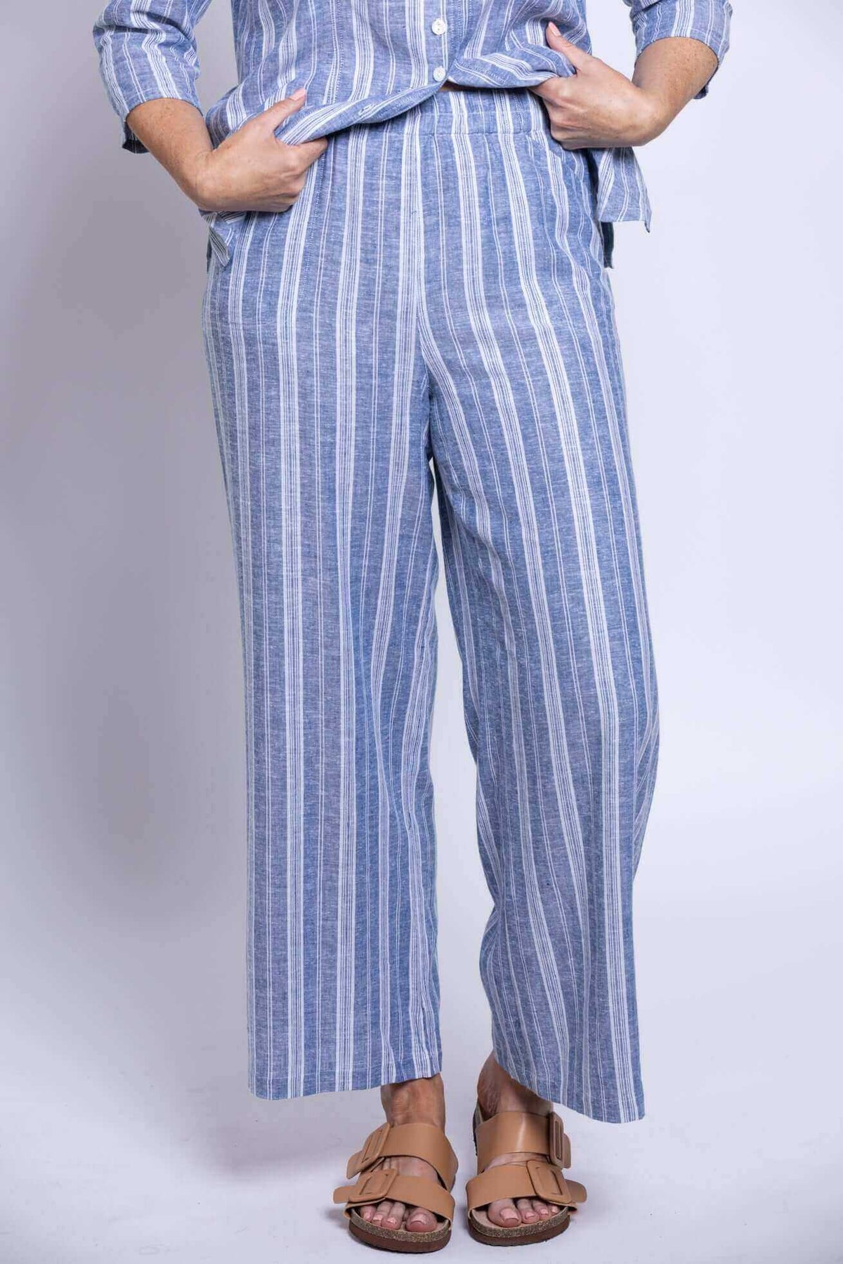 Close-up of Parker Pant paired with matching blue striped top, front view