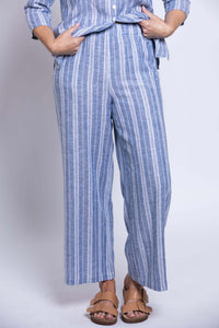 Parker blue striped wide-leg pants styled with matching shirt