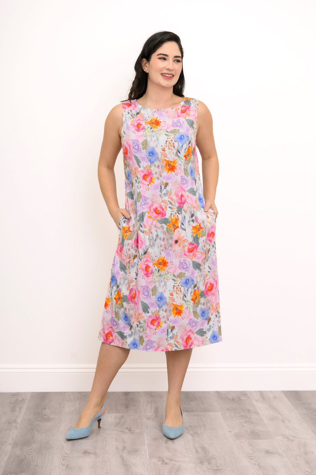Patricia Dress, Pink Bouquet, Linen Bamboo