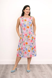 Patricia Dress, Pink Bouquet, Linen Bamboo