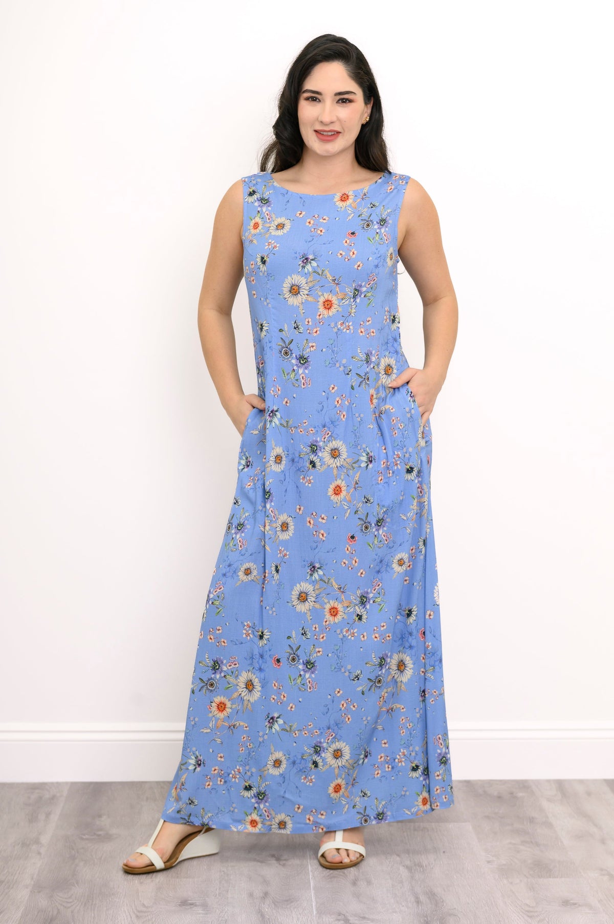 Patricia Long Dress, Peri Daisy, Linen Bamboo