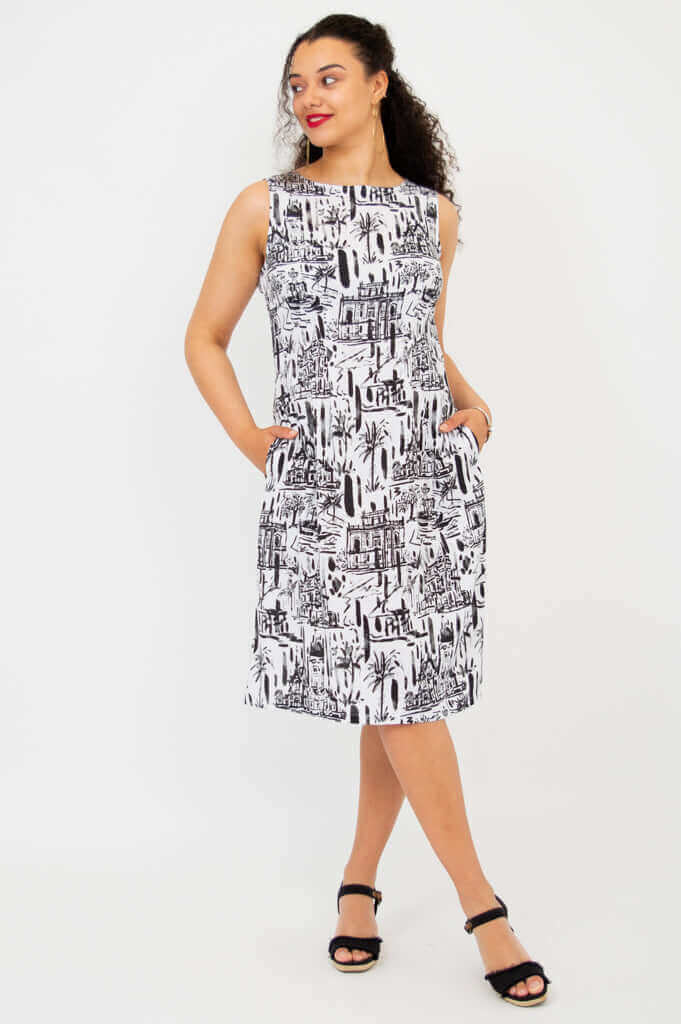 Angled front view of Patricia Shift Dress in City Sketch print