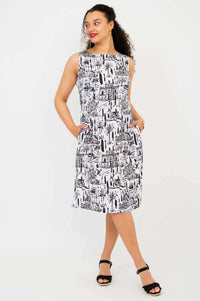 Angled front view of Patricia Shift Dress in City Sketch print