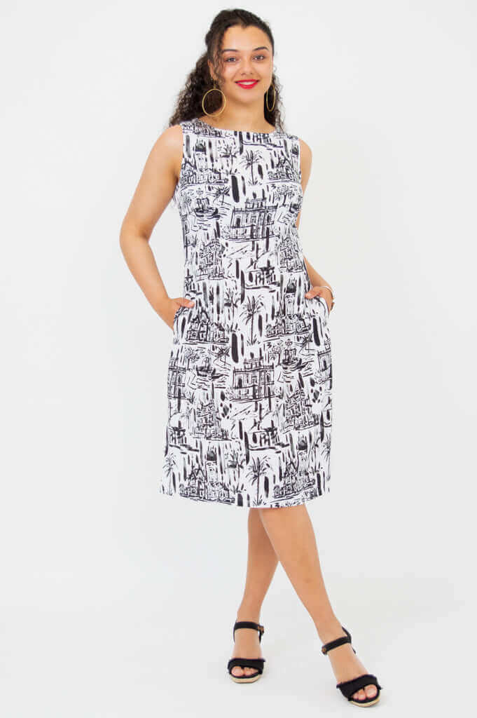 Front view with pockets of Patricia Shift Dress in City Sketch print