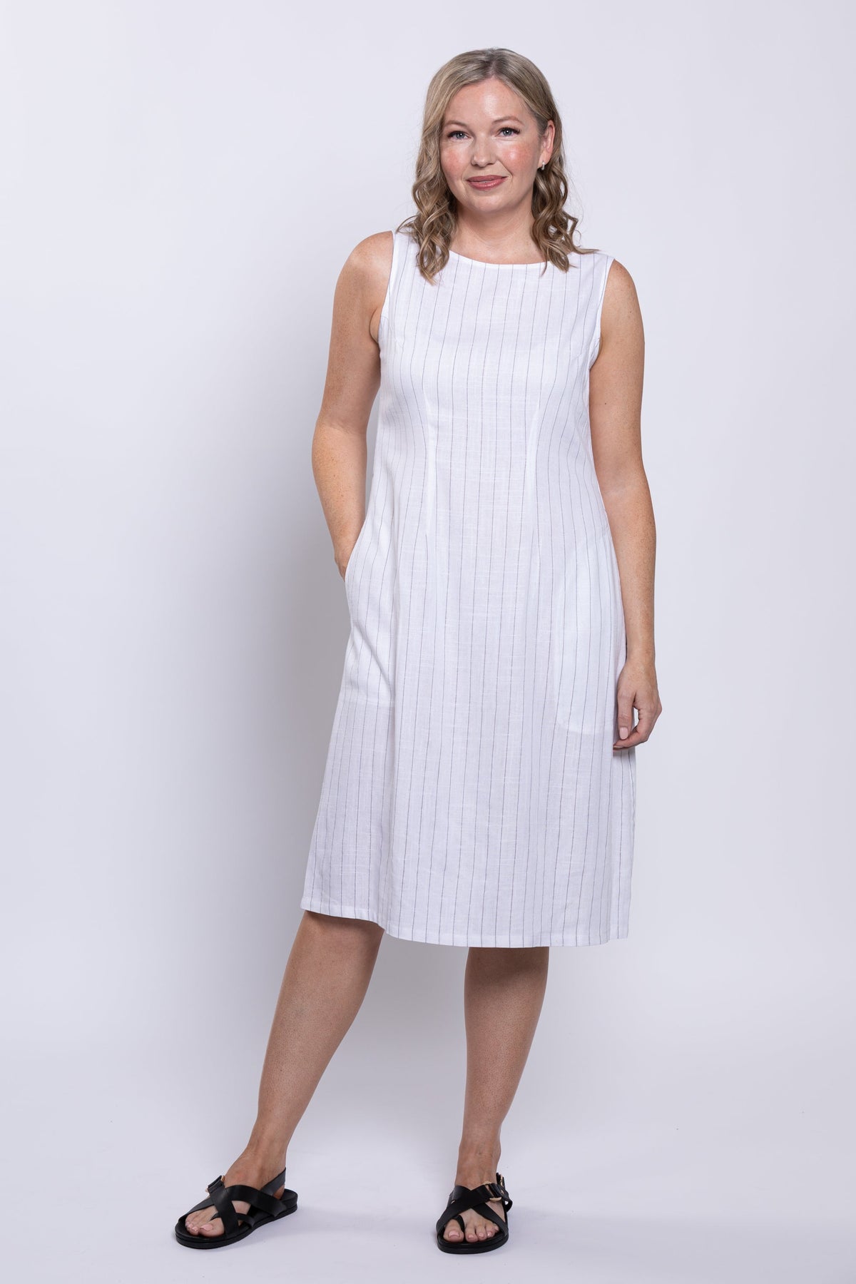Patricia Dress, White Stripe, Linen Bamboo