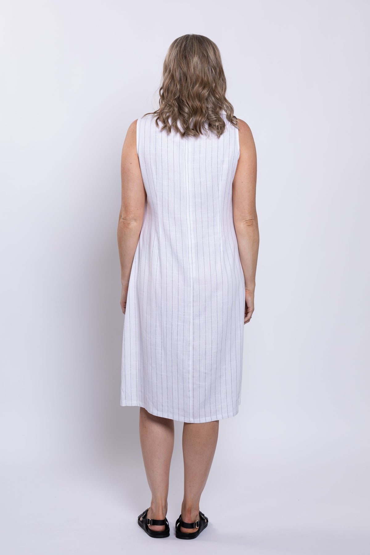Patricia Dress, White Stripe, Linen Bamboo