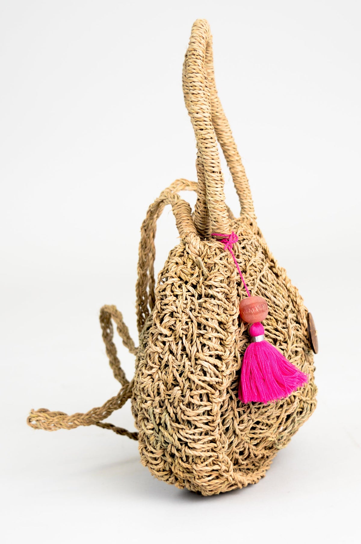Pink Pom-Pom Circle Rattan Purse