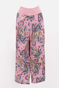 Pink paisley Landon capri pants with wide-leg and flowy cropped style