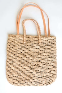 Rattan shopper bag with two short rattan-leather handles and two long leather shoulder straps