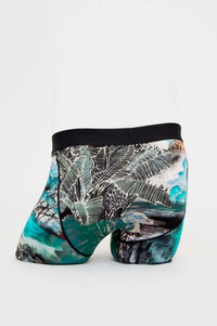 Rear view of Blue Sky Guy bamboo boxer briefs featuring leaf and abstract design