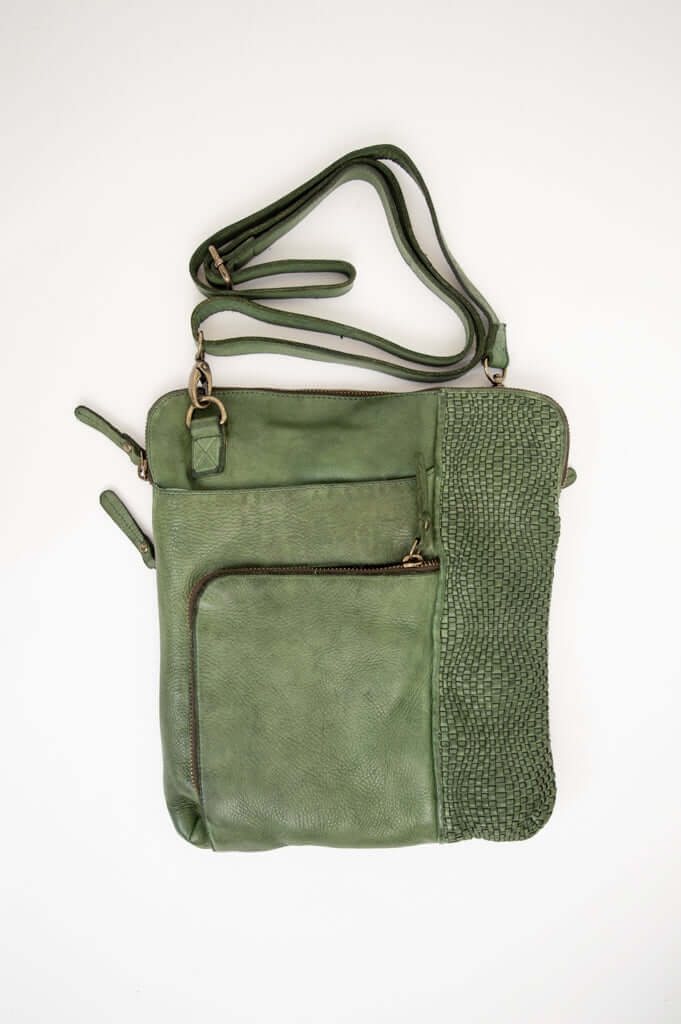 Sage green leather crossbody bag with woven accent and zipper compartments