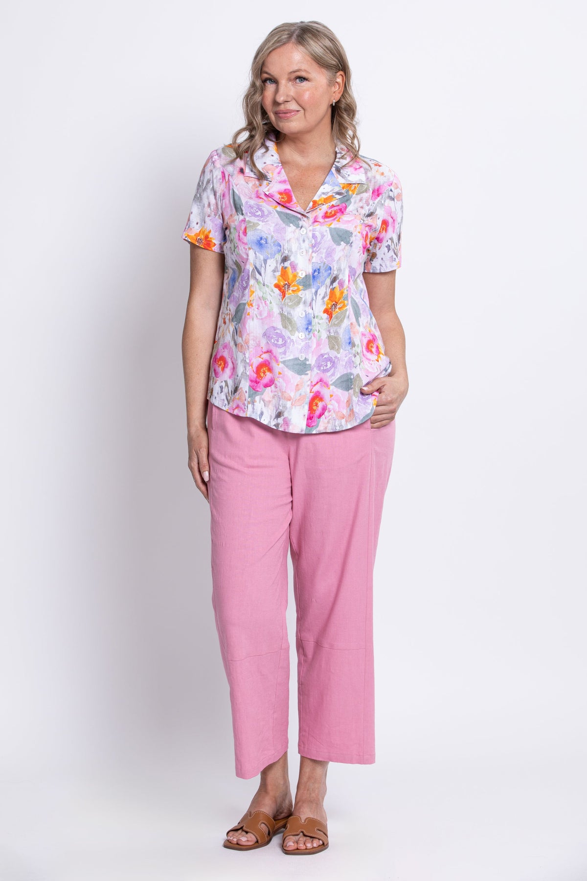 Samantha Blouse, Pink Bouquet, Linen Bamboo