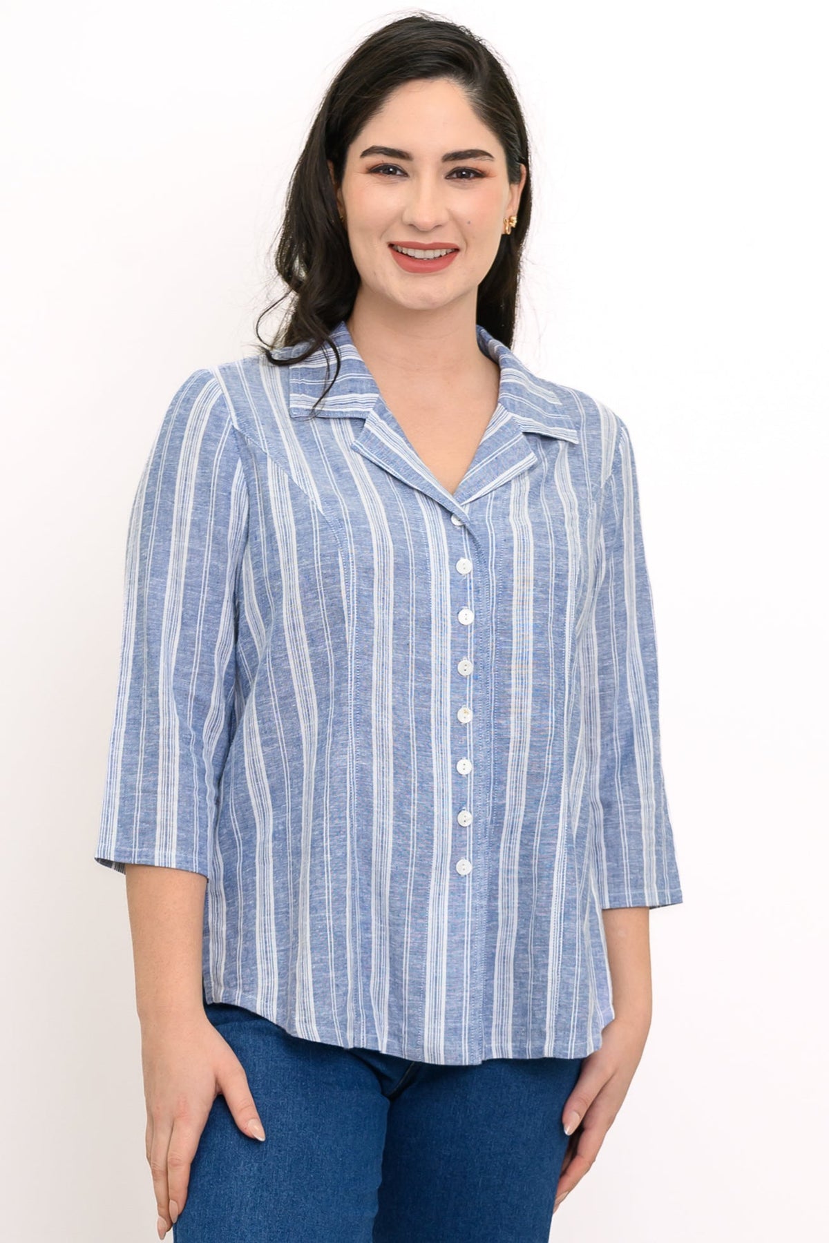 Samantha S/S Top, Denim Stripe, Linen Viscose