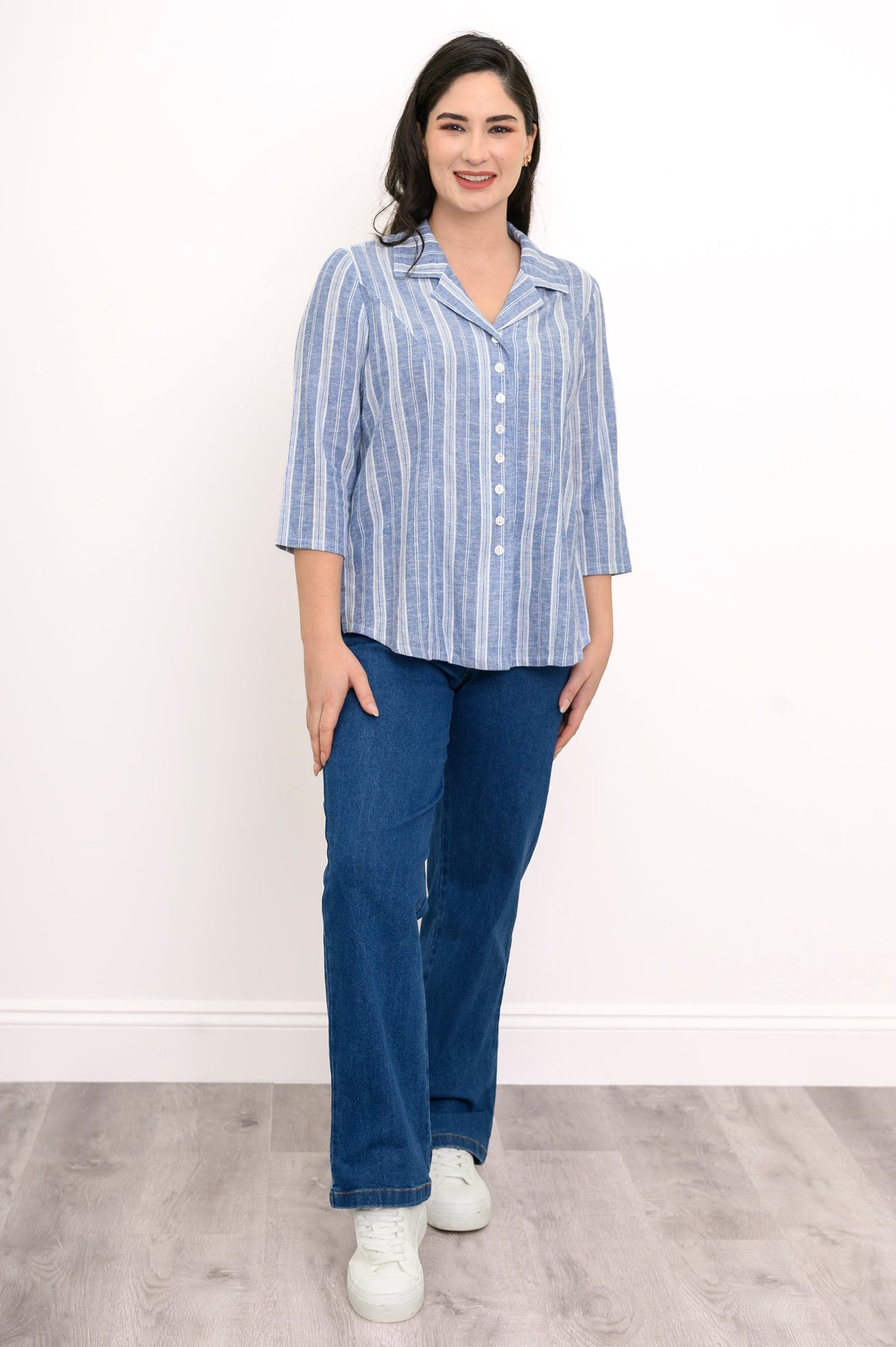 Samantha S/S Top, Denim Stripe, Linen Viscose