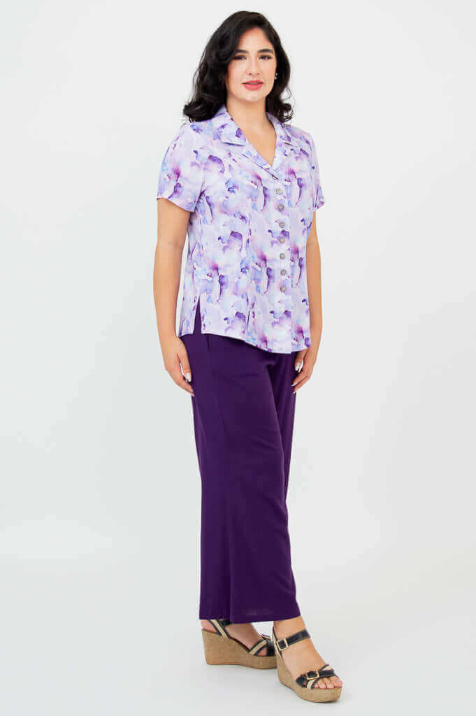 Side view of model in Samantha watercolor bamboo-linen shirt