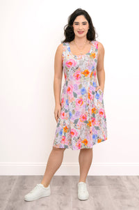 Sara Dress, Pink Bouquet, Linen Bamboo