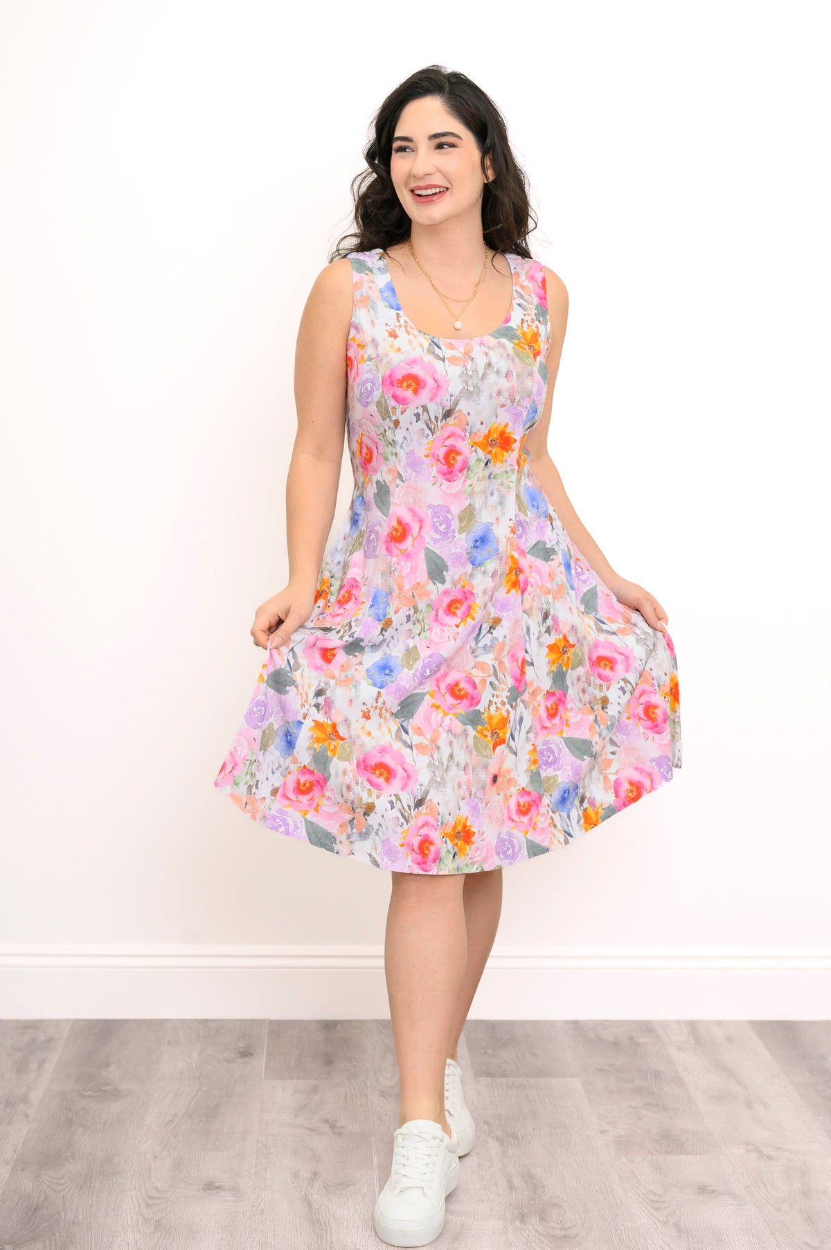 Sara Dress, Pink Bouquet, Linen Bamboo