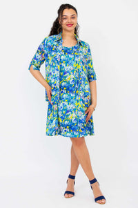 Sara dress styled with matching blue floral blouse, front view