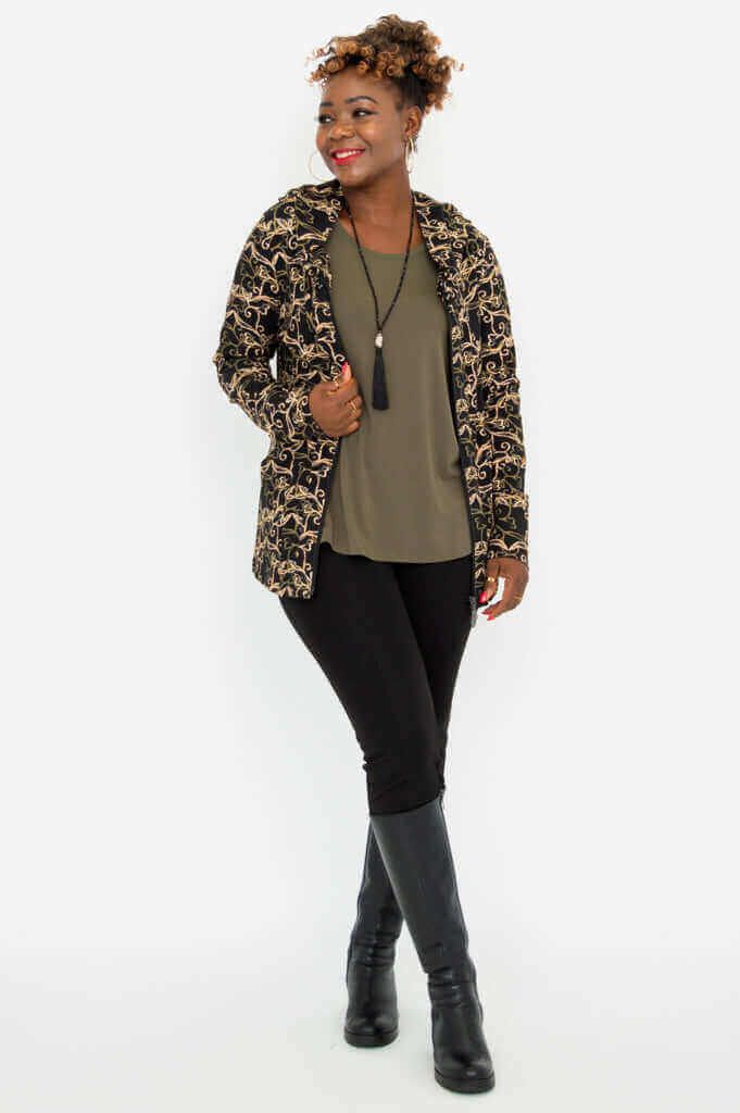 Woman modeling Seymour Hooded Jacket open with khaki top and black pants