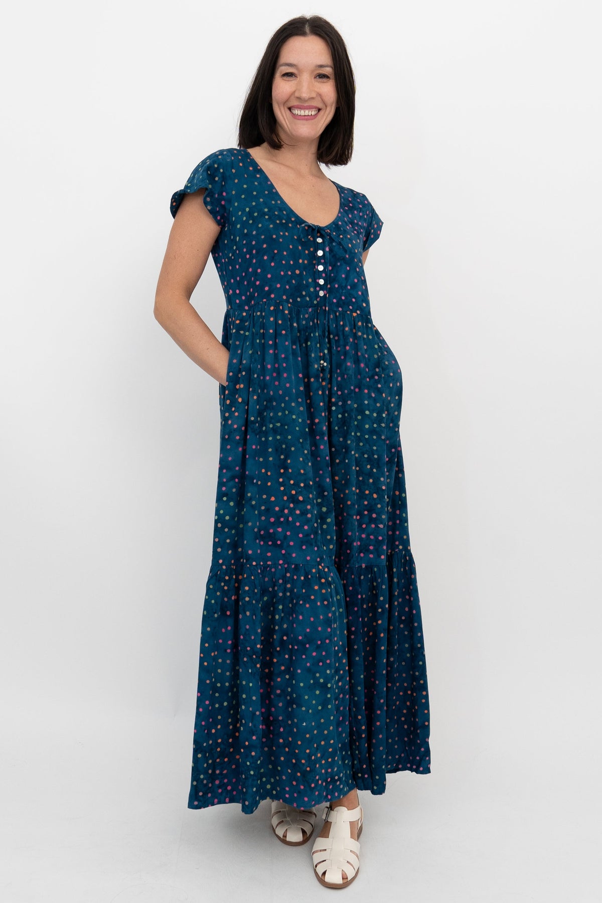Sharpie Long Dress, Navy Polka