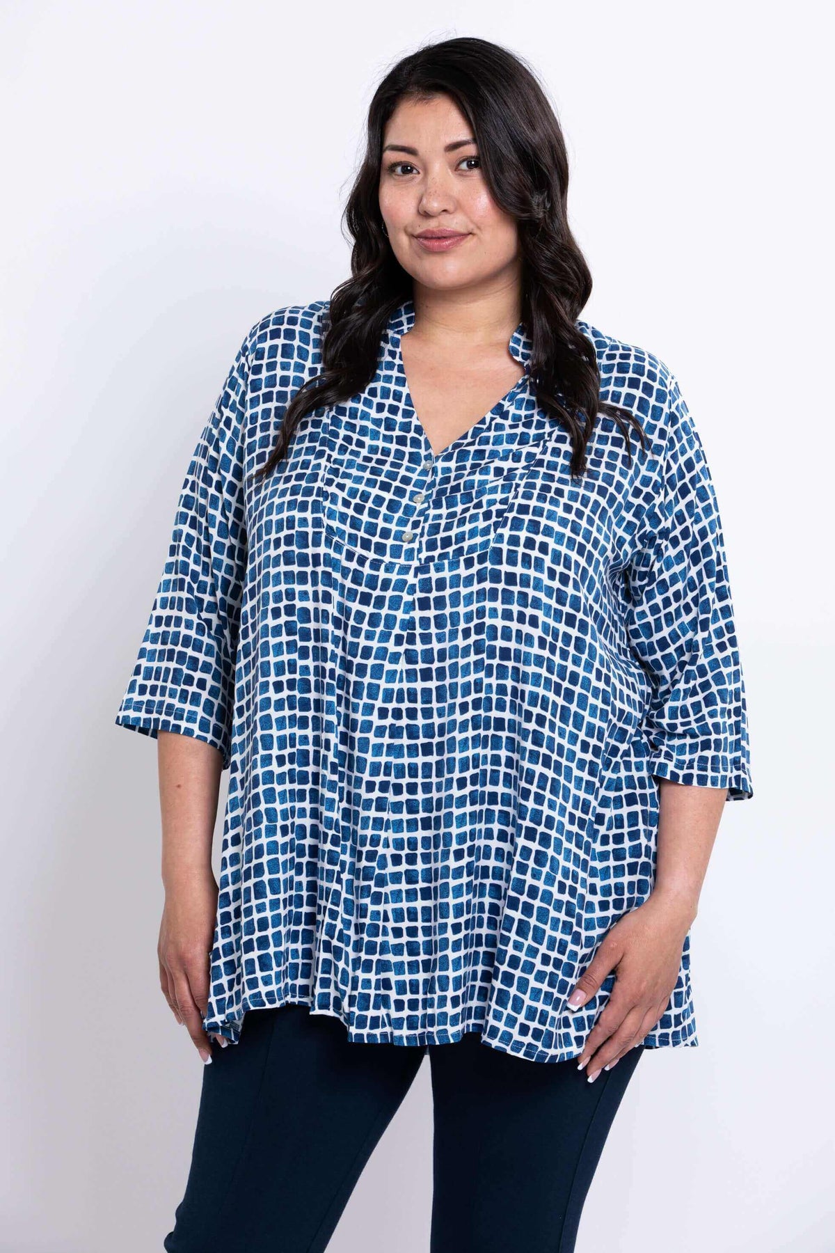 Shirley blouse closeup showing mandarin collar and elegant front pleat