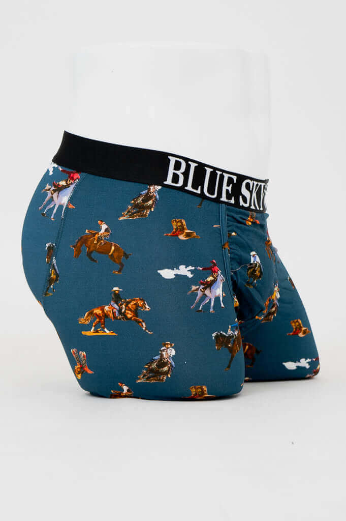 Side view of Blue Sky Guy Middle Man bamboo boxer briefs showcasing rodeo pattern