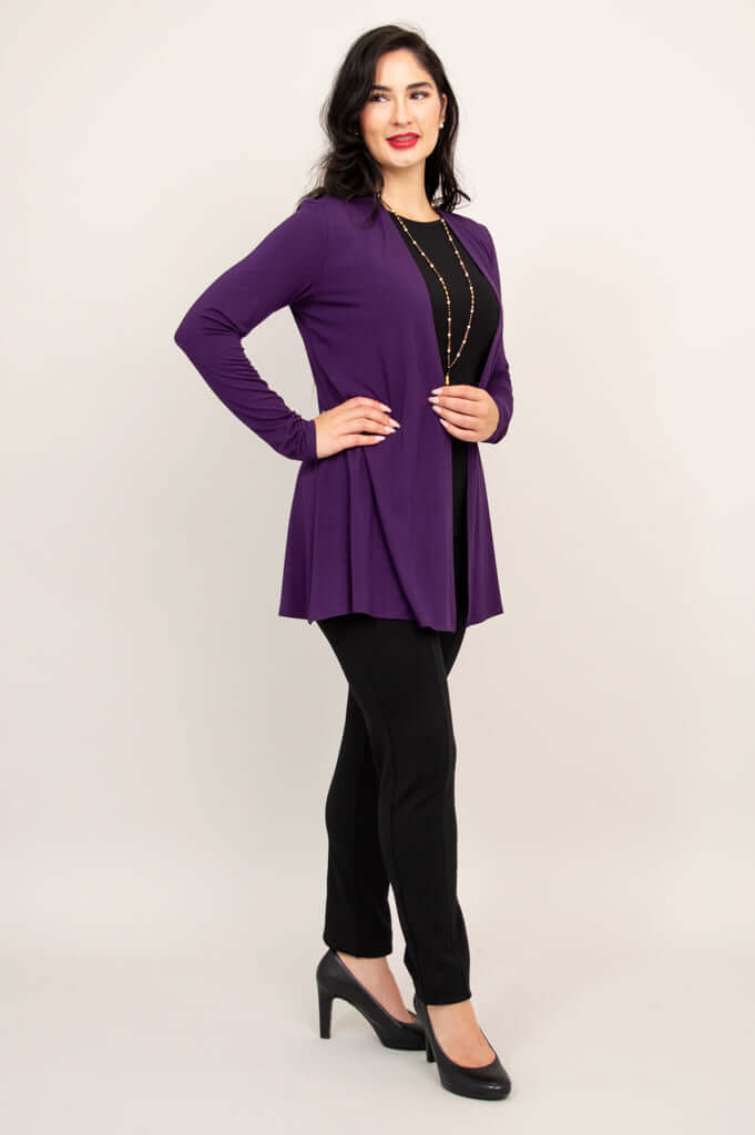Side angle showing the drape and fit of the violet bamboo open jacket