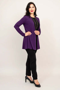 Side angle showing the drape and fit of the violet bamboo open jacket