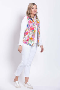 Side view of woman modeling the Hartford Pink Print Vest with floral design