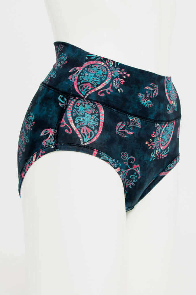 Side angle of La Gaunche bamboo brief with a dark paisley pattern