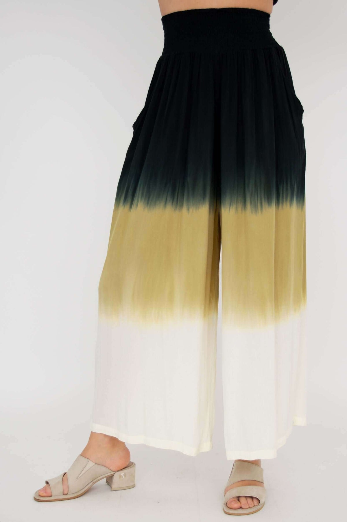 Side angle of wide-leg ombre pants showing pockets and flowy fabric