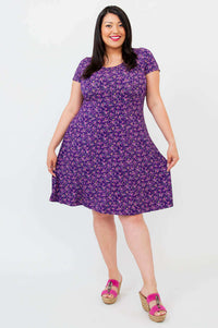 Model showing flowy A-line skirt of the Callie Bamboo Dress in violet