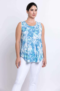 Three-quarter front view of woman in blue watercolour sleeveless tank top