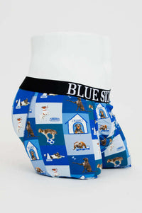 Side view of Blue Sky Guy boxer briefs featuring playful dog house pattern