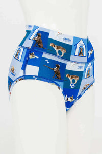 Side view of high-waist blue briefs featuring dog and doghouse illustrations