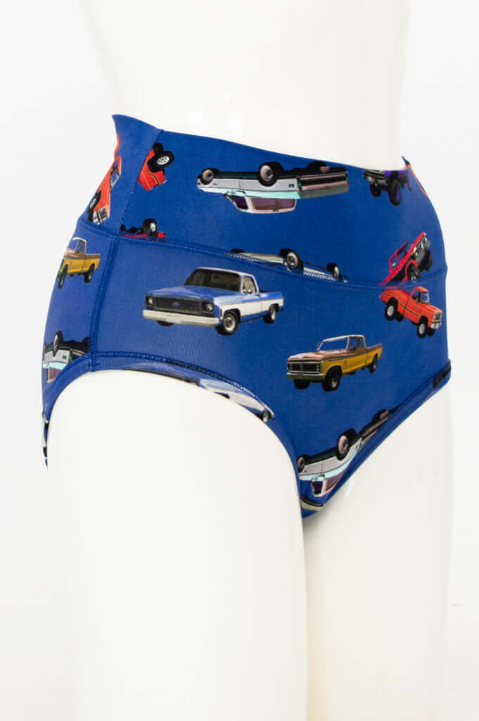 Side view of high-waisted women's underwear featuring a vintage trucks design