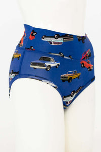 Side view of high-waisted women's underwear featuring a vintage trucks design
