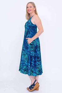 Side view of model in Shauna Lagoon print midi dress