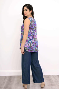 Woman in purple floral Jazz bamboo tank top, side profile
