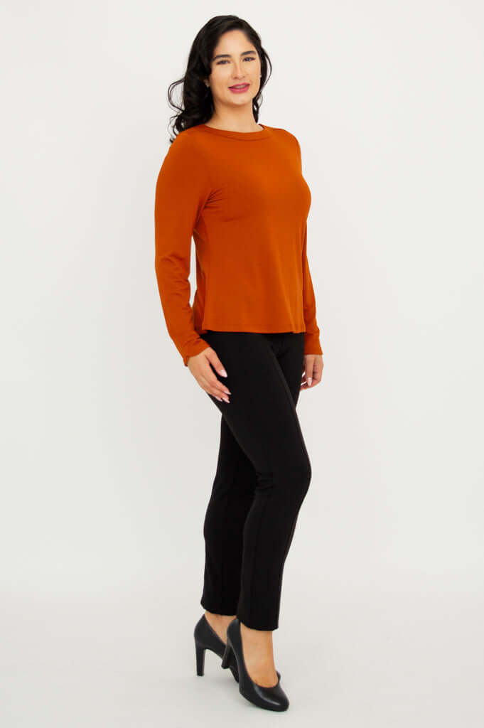 Side view of Mona Bamboo French Terry Tee showing fit and long sleeves