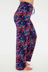 Side view of floral bamboo lounge pant showing elastic waist and straight leg