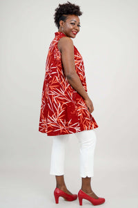 Woman turned to the side displaying the flowy fit of red bamboo print tank