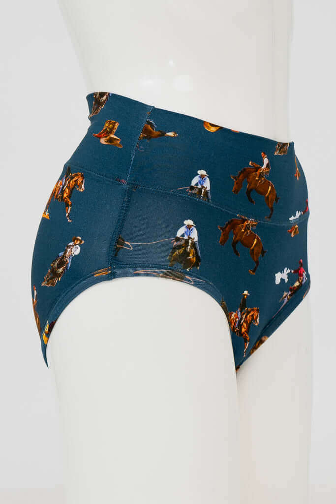 Side view of high-rise brief showcasing blue rodeo cowboy print fabric