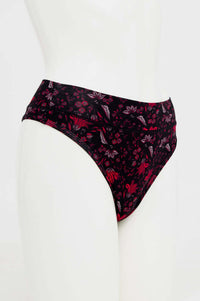 Side view of a high rise floral bamboo thong underwear on mannequin