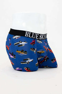 Side view of Blue Sky Guy Middle Man Underwear featuring colorful truck pattern