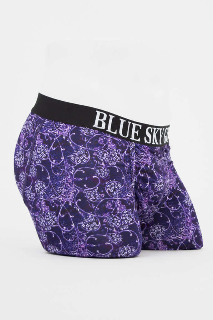 Side view of Blue Sky Guy men's underwear in purple paisley print on mannequin