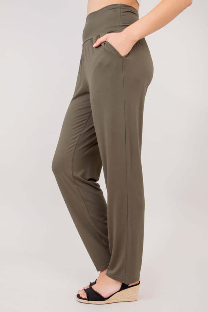 Side view of Clair bamboo pants showcasing wider waistband and side pockets